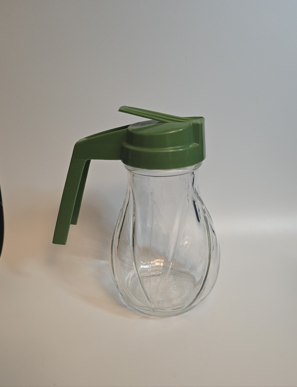 Vintage Glass Syrup Pitcher with Green Plastic Lid and Handle